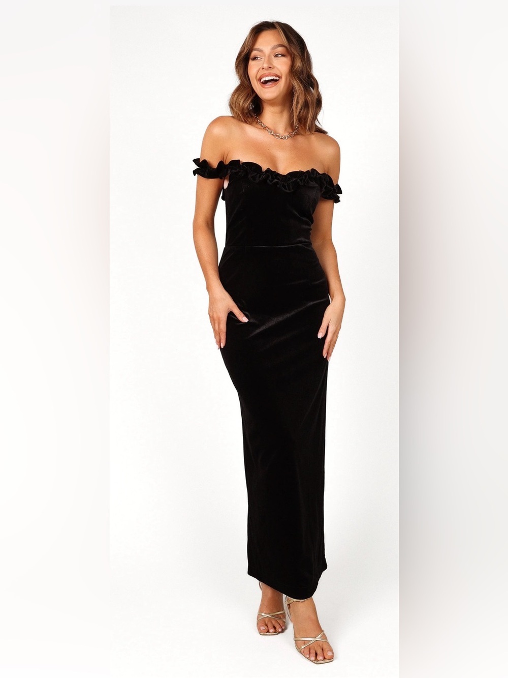Petal & Pup Black Celeste Off Shoulder Velvet Maxi Dress